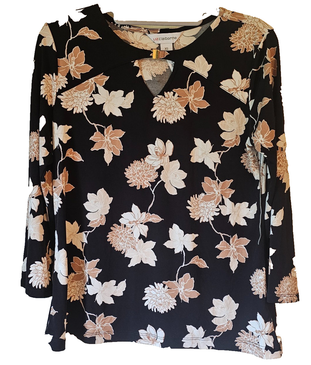 Liz Claiborne Black Floral Blouse Keyhole 3/4 Sleeve Career Top NWT XS
